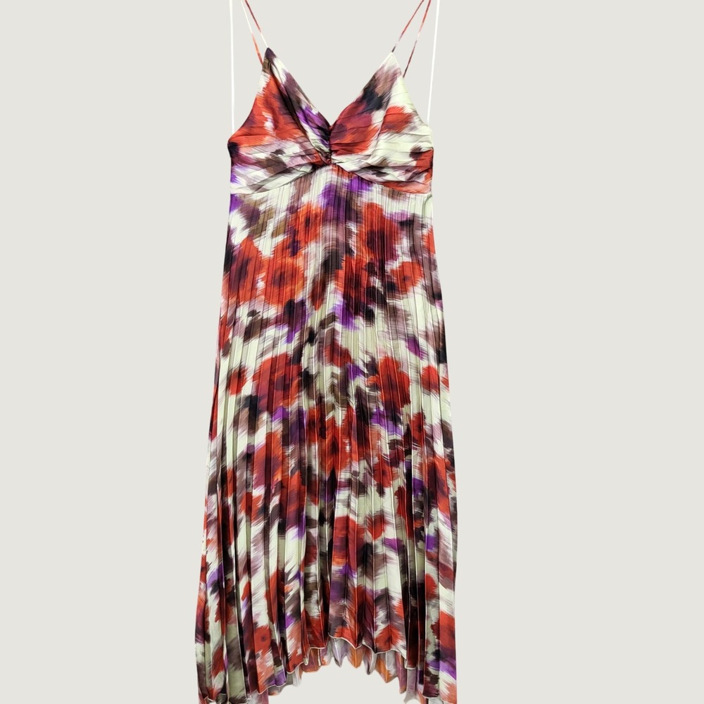 MANGO MNG Women Vestido Nice Pleated Watercolor Maxi Dress Italian Fabric Sz L 8